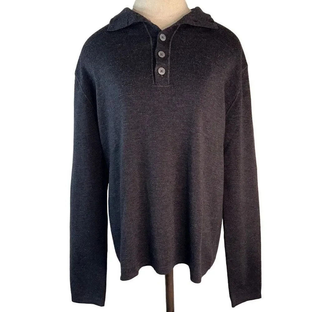 Banana Republic Mens Merino Wool Gray Button Collar Sweatshirt Medium Elbow Pads